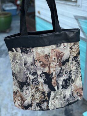 Vintage Cat Tapestry Tote Bag Kitten Shoulder Purse Black Trim Crazy Cat Lady